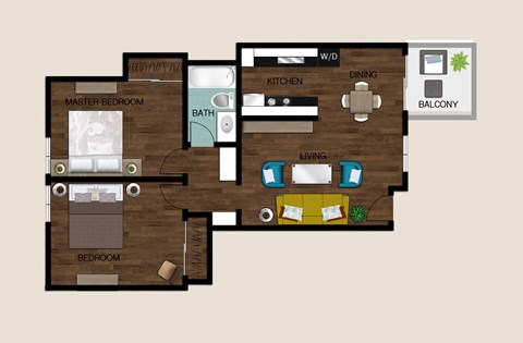 Floor plan for 2 beds, 1 bath, 950 sqft